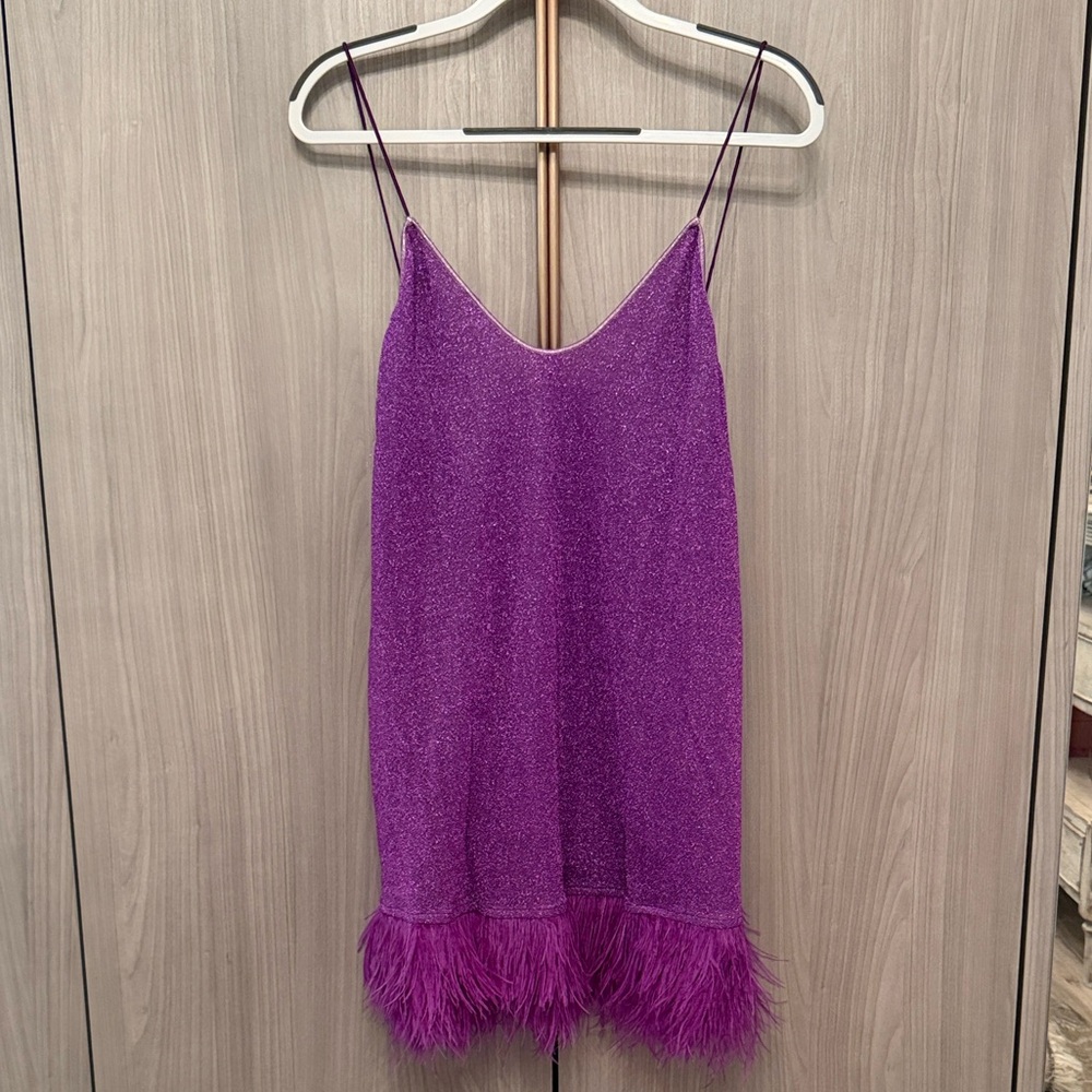 Oseree Purple Feather-Trim Slip Dress